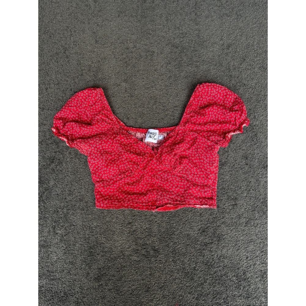 Princess Polly Cropped Top Women's 2 Red Floral Cotton Button Front Back Smocked